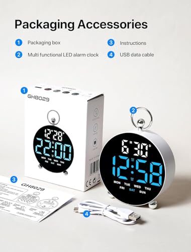 Digital Alarm Clock Round Table Clock with Date Month Monitor Compact Desk Clock for Students (Blue-white Round Alarm Clock)