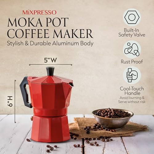 3 Cup Moka Pot Stovetop Espresso Maker (Red / 3 Espresso Cups)