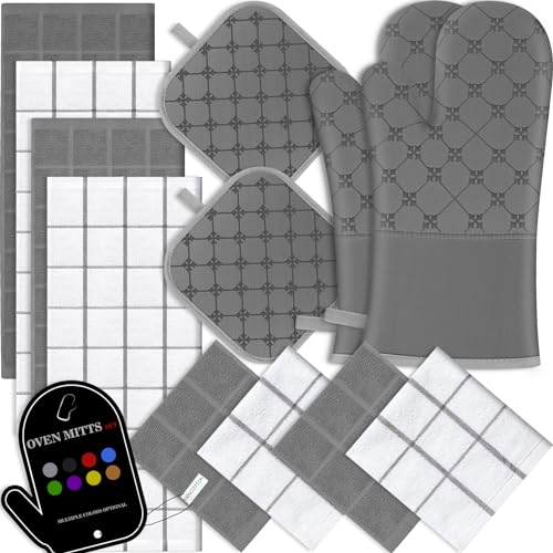 Oven Mitts Kitchen Towels Dishcloths with Pot Holders Sets 12PCS (Gray)