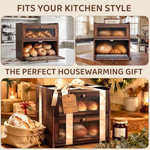 Wooden Bread Box with Acrylic Window for Kitchen Countertop (2 Layer)