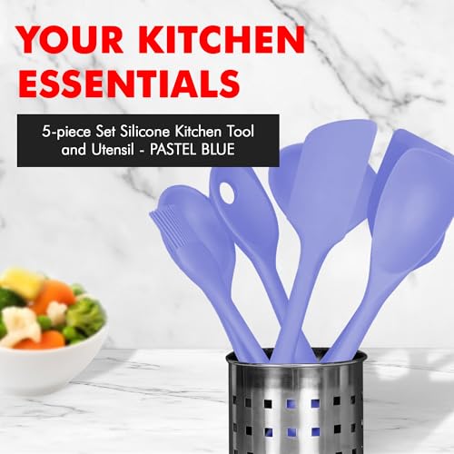 Premium Silicone Kitchen Tools and Utensils Set (5 Piece Set / Pastel Blue)