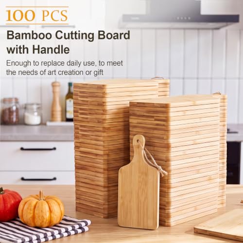 100 Pcs Cutting Board Bulk 9" x 4" Bamboo Chopping Board with Handle Wood Charcuterie Plank Engraving Serving Kitchen Planks for Wedding Housewarming Gift (9" X 4" / Bamboo)