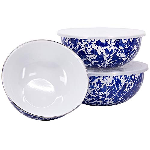 Enamelware Nested Mixing Bowls with Lids (Set of 3 - 3, 3.5 & 4.5 quarts / Cobalt Swirl)