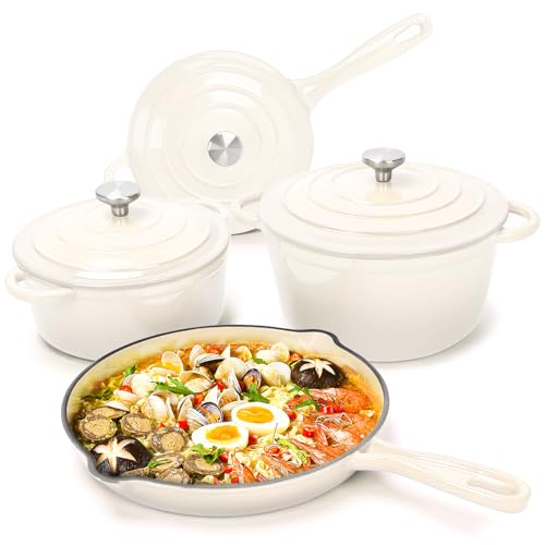 Enameled Cast Iron Cookware Set (Cream White)