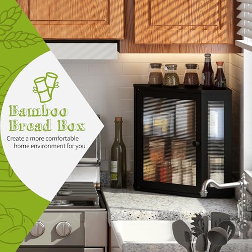 Corner Bread Box for Kitchen Countertop Double Layer Bamboo Wooden Bread box Large Capacity Bread Storage Bin (Black / Medium)