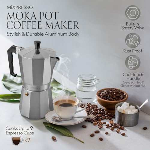 9 Cup Moka Pot Stovetop Espresso Maker (Stainless Steel / 9 Espresso Cups)