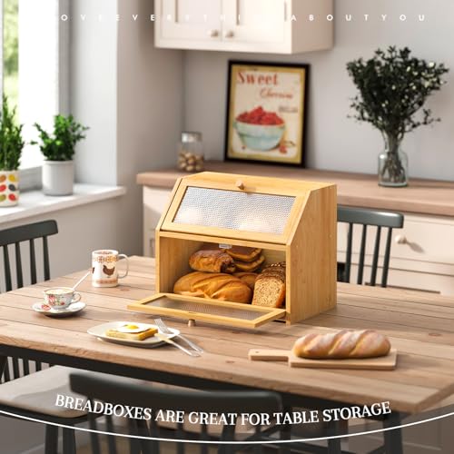 Bread Box for Kitchen Countertop Bin Double Layer Bread Box Storage Container Extra Large Capacity Farmhouse with Diamond Pattern Windows (Natural / Large)