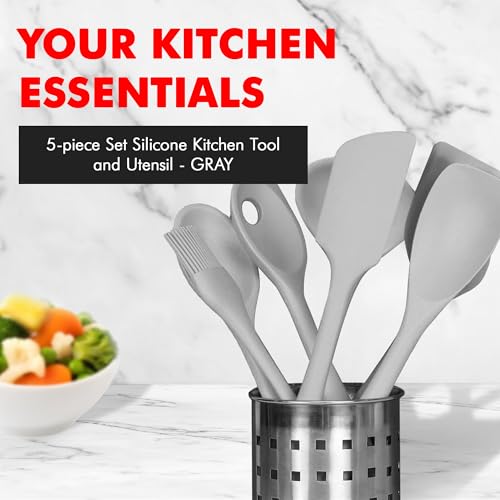 Premium Silicone Kitchen Tools and Utensils Set (5 Piece Set / Gray)
