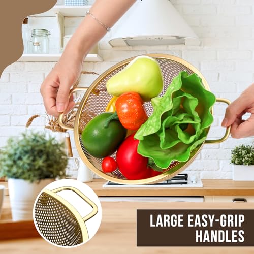Stainless Steel Gold Colander and 3 Pcs Gold Fine Mesh Strainer