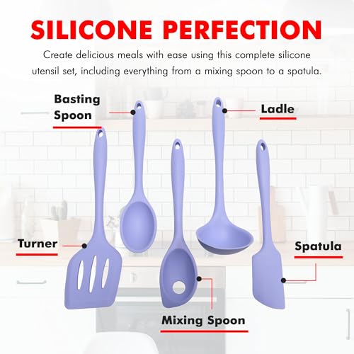 Premium Silicone Kitchen Tools and Utensils Set (5 Piece Set / Pastel Blue)