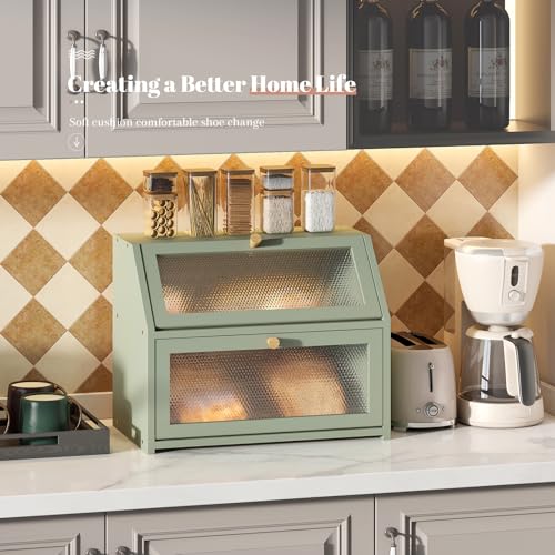Bread Box for Kitchen Countertop Bin Double Layer Bread Box Storage Container Extra Large Capacity Farmhouse with Diamond Pattern Windows (Green / Large)