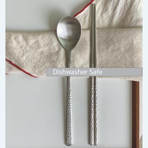 Korean Made Silver Glossy Hammered Stainless Steel Korean Spoon & Chopstick SET