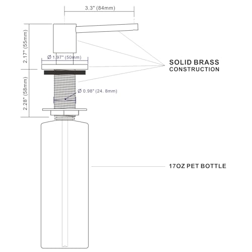 All Brass Soap Dispenser for Kitchen Sink Countertop Sink Soap Dispenser 17 OZ Bottle Built in Refill from The Top with Long Spout