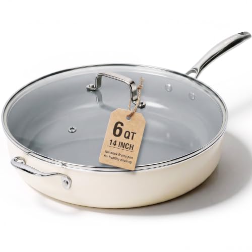 14 INCH Ceramic Nonstick Deep Frying Pan with Lid (Cream & Grey / 14 Inch /6 QT)