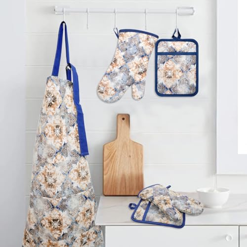 Oven Mitts and Pot Holders with Cooking Apron Set of 5 (Blue Retro)