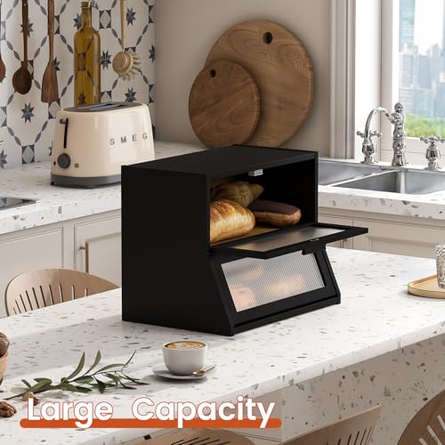Double Layer Bamboo Bread Box for Kitchen Counter (Black / Medium)