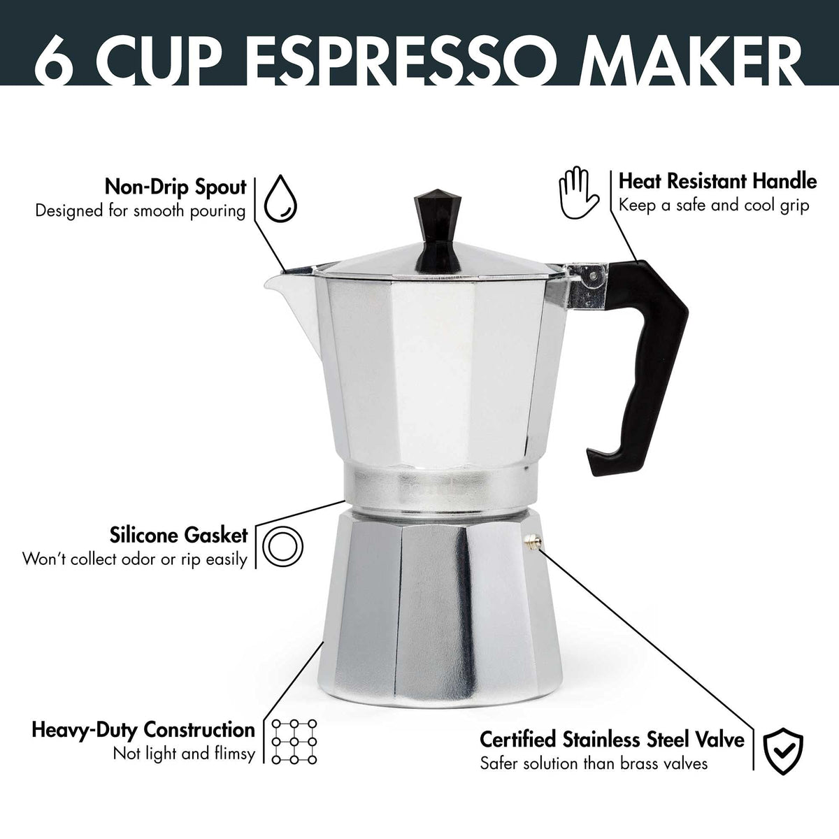 Stovetop Espresso Maker and Handheld Electric Milk Frother Gift Set (Silver / 6 Cup + Frother)