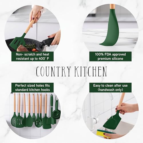 Non Stick Silicone Utensil Set with Rounded Wood Handles for Cooking and Baking (38 Piece Set / Green)