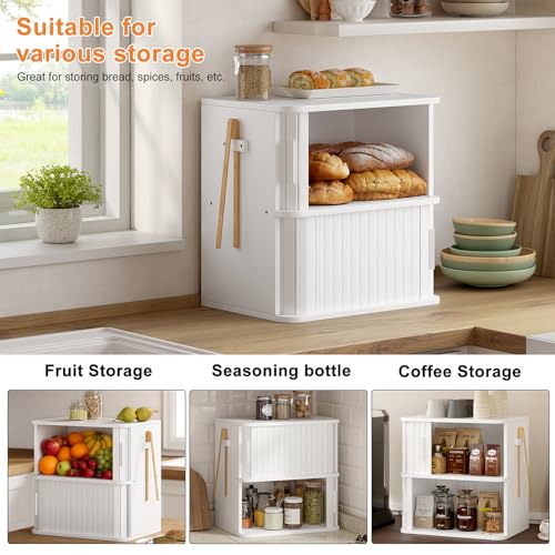 2 Tier Roll Top Bread Box for Kitchen Countertop Storage Cabinet (White / Extra Large)