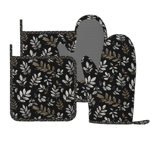 Oven Mitts Pot Holders Set Boho Black Leaf Pattern Silicone Kitchen Gloves Potholders Heat Resistant for Chef Baking Cooking Grilling BBQ 4 Pack Mitt (B0112)