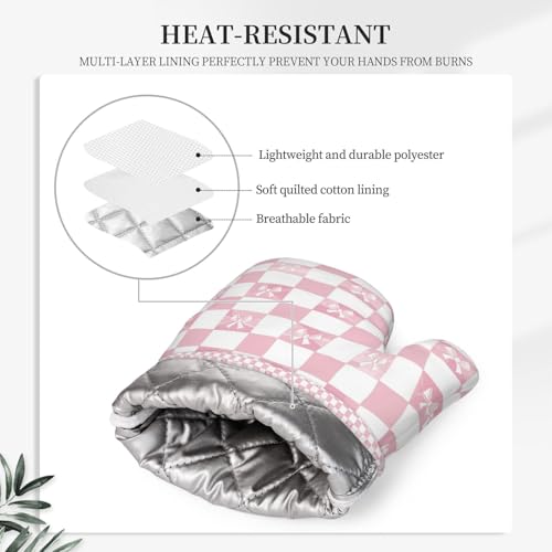 Oven Mitts and Pot Holders Pink Check Bow Pattern Silicone Kitchen Accessories Set of 4 Heat Resistant Long Gloves Potholder Non (A063221)