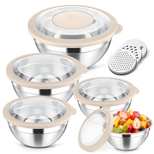 5 Piece Mixing Bowls with Airtight Clear Lids (Khaki / 4.6, 3.5, 2.5, 2, 1.5QT)
