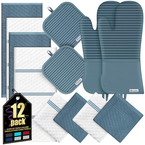 Oven Mitts Kitchen Towels and Dishcloths with Pot Holders Sets (Dusty Blue)
