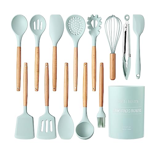 Non Stick Silicone Utensil Set with Rounded Wood Handles for Cooking and Baking (14 Piece Set / Mint)