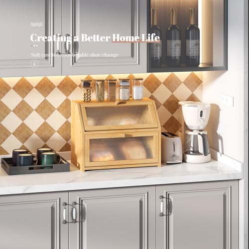 Bread Box for Kitchen Countertop Bin Double Layer Bread Box Storage Container Extra Large Capacity Farmhouse with Diamond Pattern Windows (Natural / Large)
