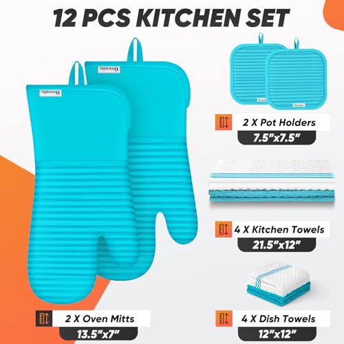Oven Mitts Kitchen Towels and Dishcloths with Pot Holders Sets (Lake Blue)