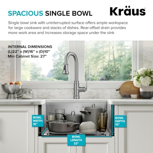 Kore 24 Inch Farmhouse Workstation 16 Gauge Single Bowl Stainless Steel Kitchen Sink with Accessories (24 Inch / Rounded Farmhouse / Stainless Steel)
