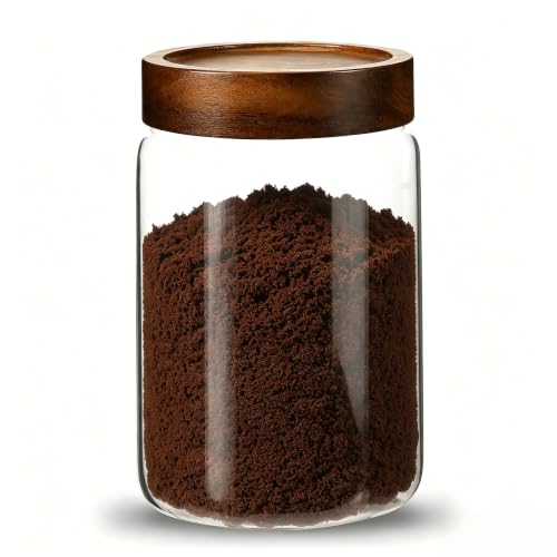 Glass Coffee Jars Spice Jar Round Storage Canister with Wooden Lid Clear Glass Food Jar for Pantry Sugar Tea Coffee Bean Spice Nuts Cookies Bath Salts