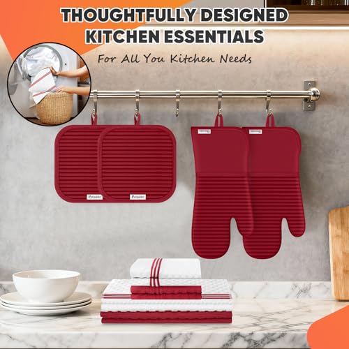 Oven Mitts Kitchen Towels and Dishcloths with Pot Holders Sets (Red)