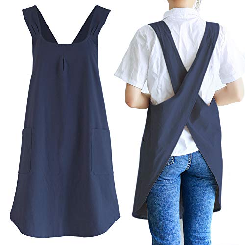 Japanese Cotton Linen Cross Back Cooking Apron for Women Men with Pockets Cute for Baking Kitchen
