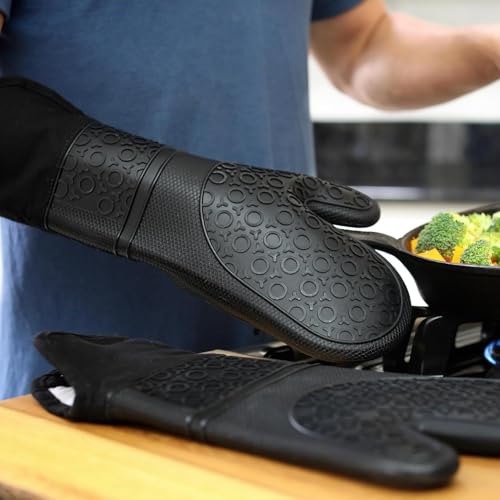 BPA Free Silicone Oven Mitts Ultra Heat Resistant up to 500°F (Black / 2-Piece 14.7" Oven Mitts)