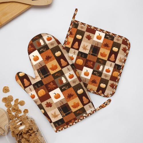 Oven Mitts and Pot Holders Set Autumn Fall Pumpkin Silicone Kitchen Accessories 4 Piece Heat Resistant Long Gloves Potholder Non (C13)