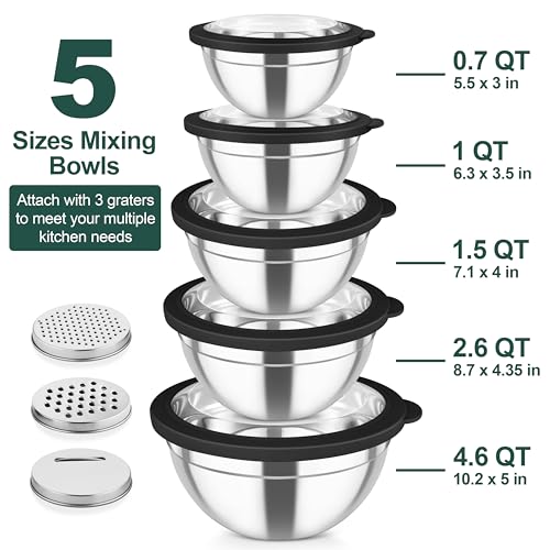 Stainless Steel Mixing Bowls with Transparent Lids & Graters Set