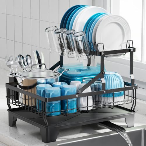 Dish Rack for Kitchen Counter (Black / 2-Tier, 16.9" W)