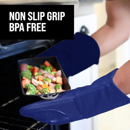 BPA Free Soft Silicone Oven Mitts (Blue / 2-Piece 13.7" Oven Mitts)