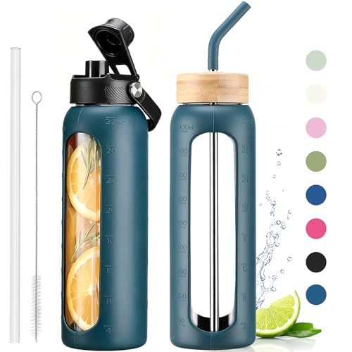 Glass Water Bottle with Straw and 2 Lids