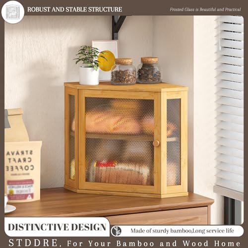 Corner Bread Box Kitchen Countertop Extra Large Capacity Farmhouse Bread Box (Natural / 11.8" x 11.8" x 13.8")