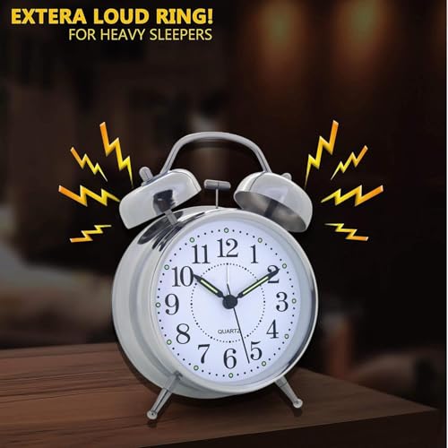 Table Clock Retro Twin Bell Metal Frame Alarm Clock with Night Backlight Function and Silent Motion (Silver Vintage)
