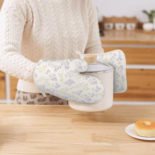Oven Mitts Pot Holders Set Pastel Flower Pattern Silicone Kitchen Gloves Potholders Heat Resistant for Chef Baking Cooking Grilling BBQ 4 Pack Mitt (B0115)