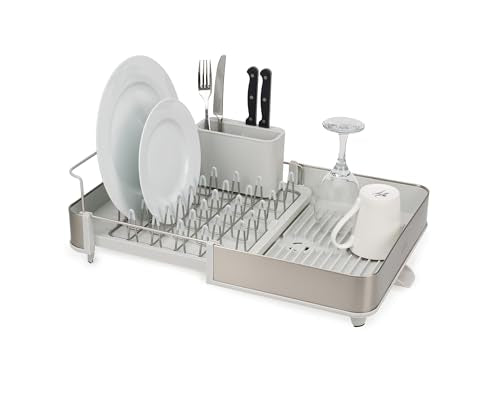 Extend Steel Expandable Dish Drying Rack with Removable Cutlery Holder Swivel Draining Spout (1-tier / Light Stone)