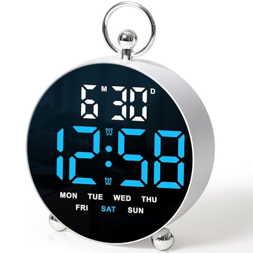 Digital Alarm Clock Round Table Clock with Date Month Monitor Compact Desk Clock for Students (Blue-white Round Alarm Clock)