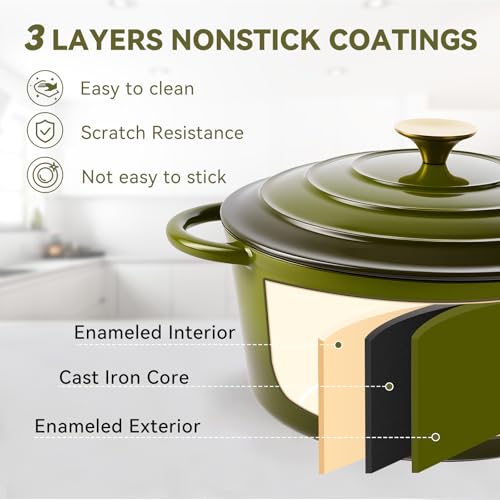 6 Quart Enameled Dutch Oven Pot with Lid (6 QT / Golden Green)