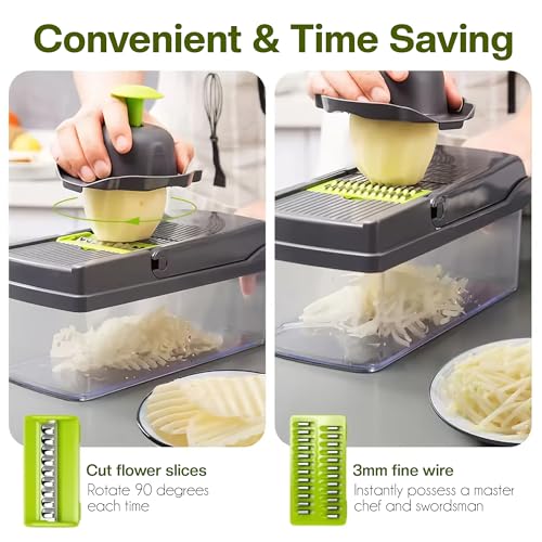 16-in-1 Vegetable Chopper & Mandoline Slicer, Heavy-Duty Food Chopper with 8 Stainless Steel Blades, Onion Dicer, Veggie Cutter, Drain Basket, Egg Separator & Storage Container