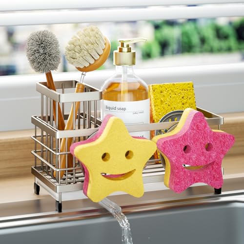 Self draining Sponge Holder for Kitchen Sink with Brush Holder and Dishcloth Holder