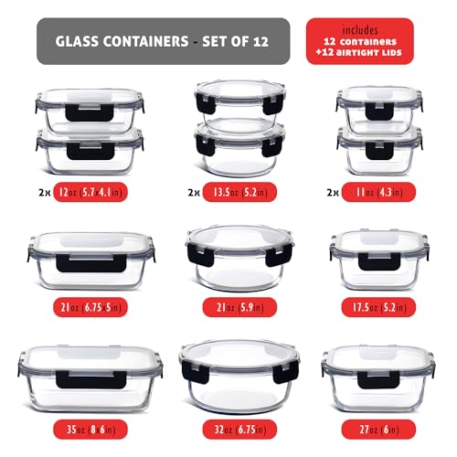 24pc Glass Storage Containers with Lids (Jet Black / 12 Pack)