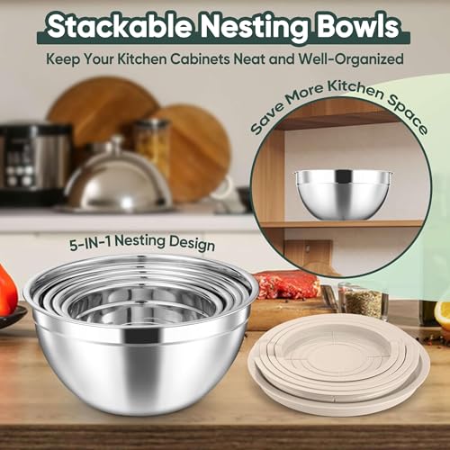 5 Piece Nesting Mixing Bowls with Lids (Khaki / 4.6, 3.5, 2.5, 2, 1.5QT)